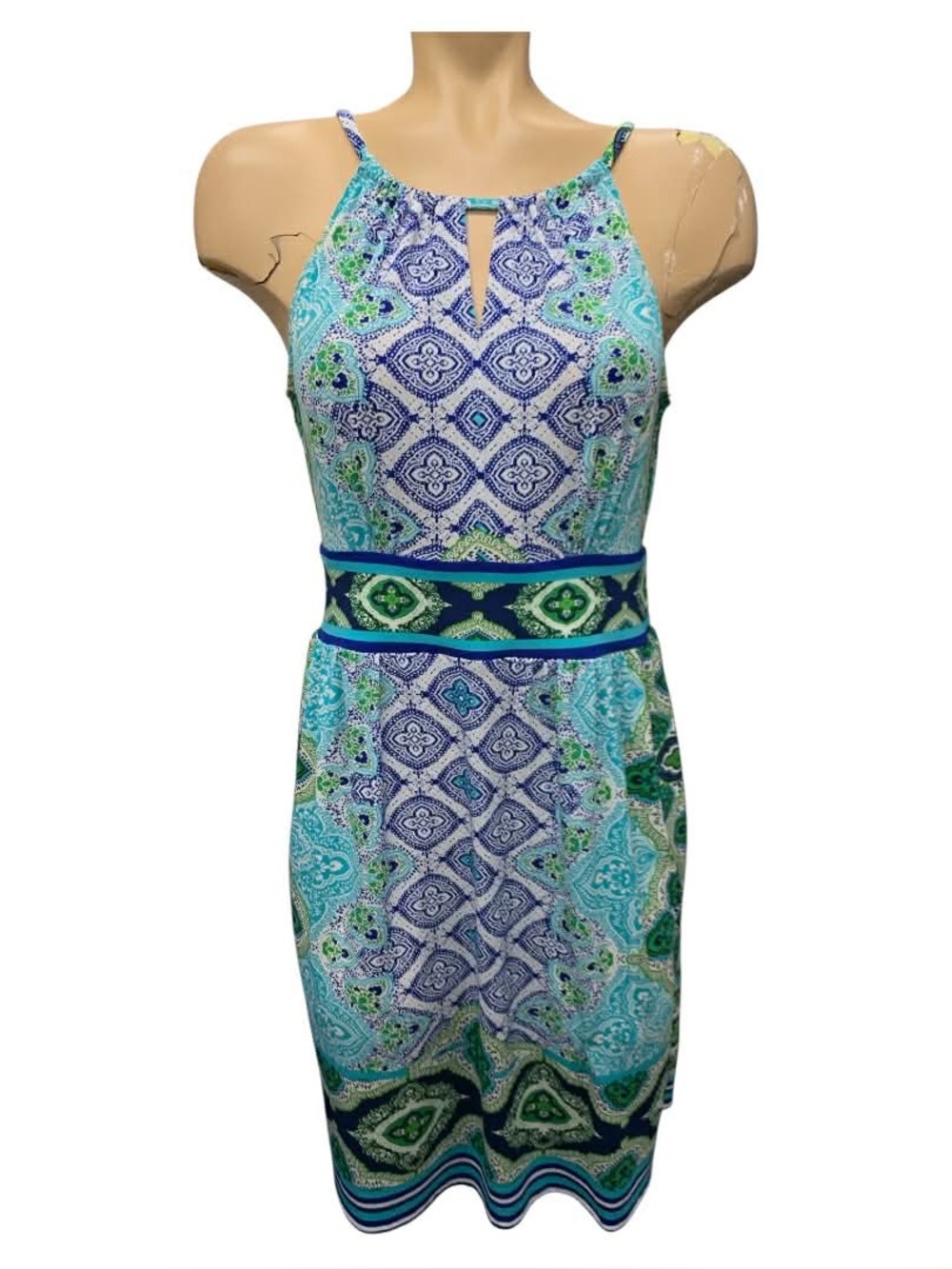 Jessica Blue & Green Printed Halter Midi Dress Size S